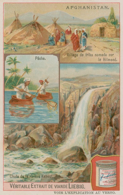 Una cascada del río Kabul con pescadores y una aldea tribal nómada en Helmand de European School