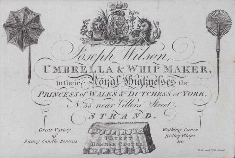 Anuncio de Joseph Wilson, fabricante de paraguas y látigos, Londres de European School