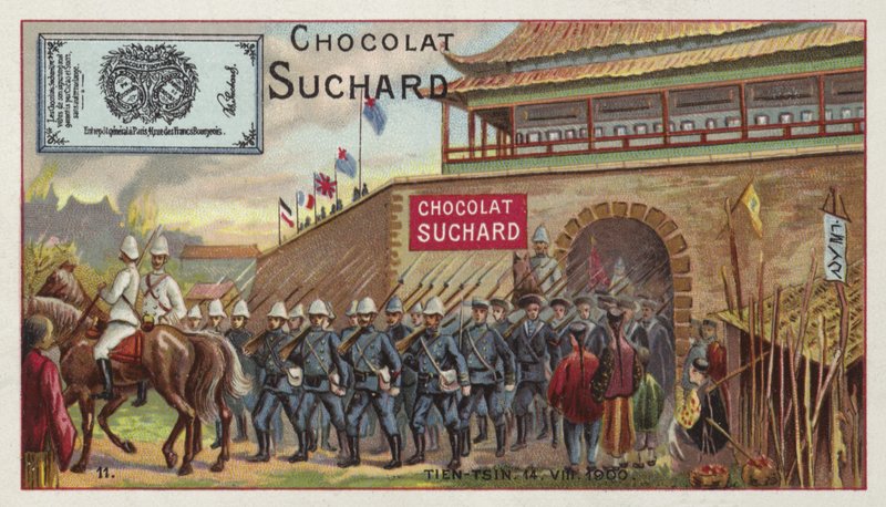 Tropas aliadas marchando fuera de Tianjin, China, Rebelión de los Bóxers, 1900 de European School