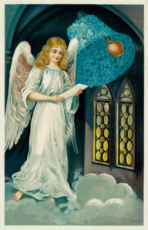 Ángel y campana de flores (cromolito) de European School