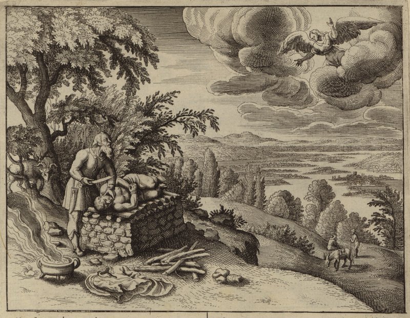 Ángel interviniendo para evitar que Abraham sacrifique a su hijo Isaac (grabado) de European School