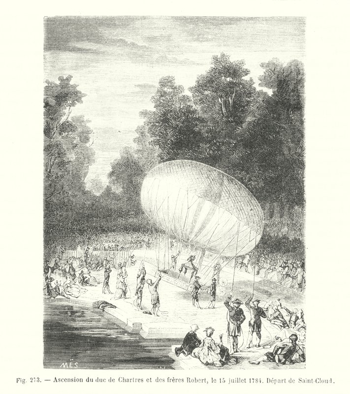 Ascenso del duque de Chartres y los hermanos Robert, el 15 de julio de 1784, Salida de Saint-Cloud (grabado) de European School