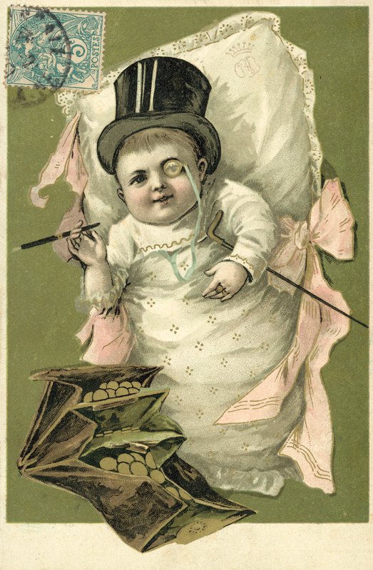 Bebé con sombrero de copa y monóculo (litografía en color) de European School