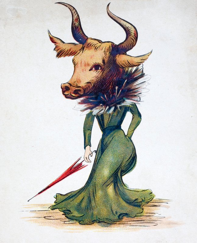 Cuerpo de mujer con cabeza de toro (litografía en color) de European School
