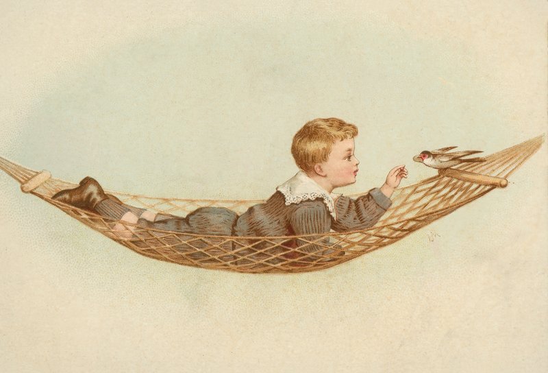 Niño tumbado en una hamaca dando de comer a un pájaro (cromolito) de European School