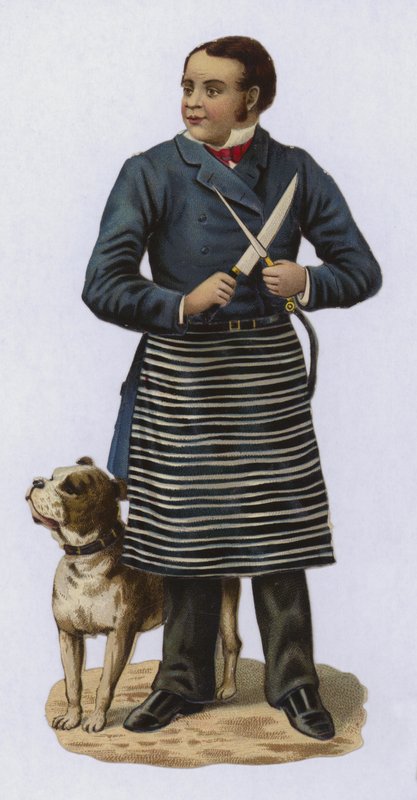 Carnicero, afilando cuchillo, con perro de European School