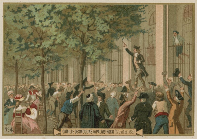 Camille Desmoulins llama a las armas fuera del Palais Royal, París, Revolución Francesa, 12 de julio de 1789 de European School