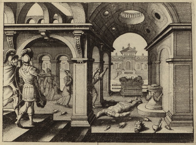 Arca de la Alianza capturada en el templo filisteo de Dagón (grabado) de European School
