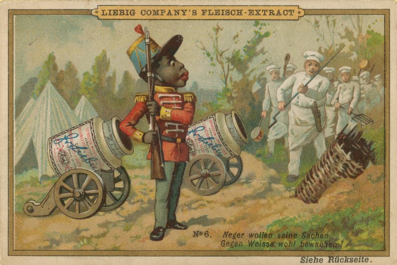 Caricatura africano guarda el cañón de extracto de carne Leibig de European School