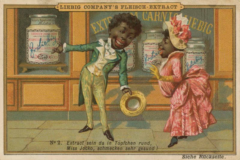 Caricatura africanos miran el extracto de carne Leigib en el escaparate de European School