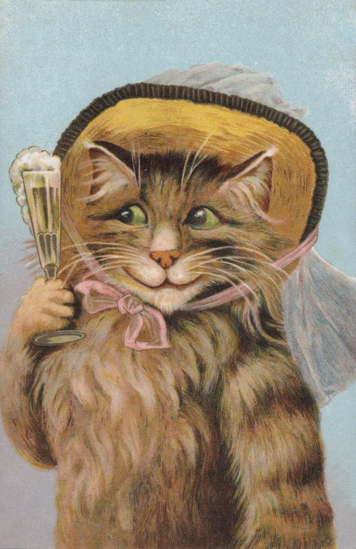 Gato con sombrero y copa de champán (cromolito) de European School