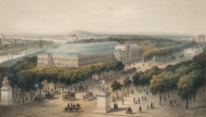 Campos Elíseos y Palacio de la Industria construidos para la Exposición Universal de 1855, París, Francia (litografía en color) de European School
