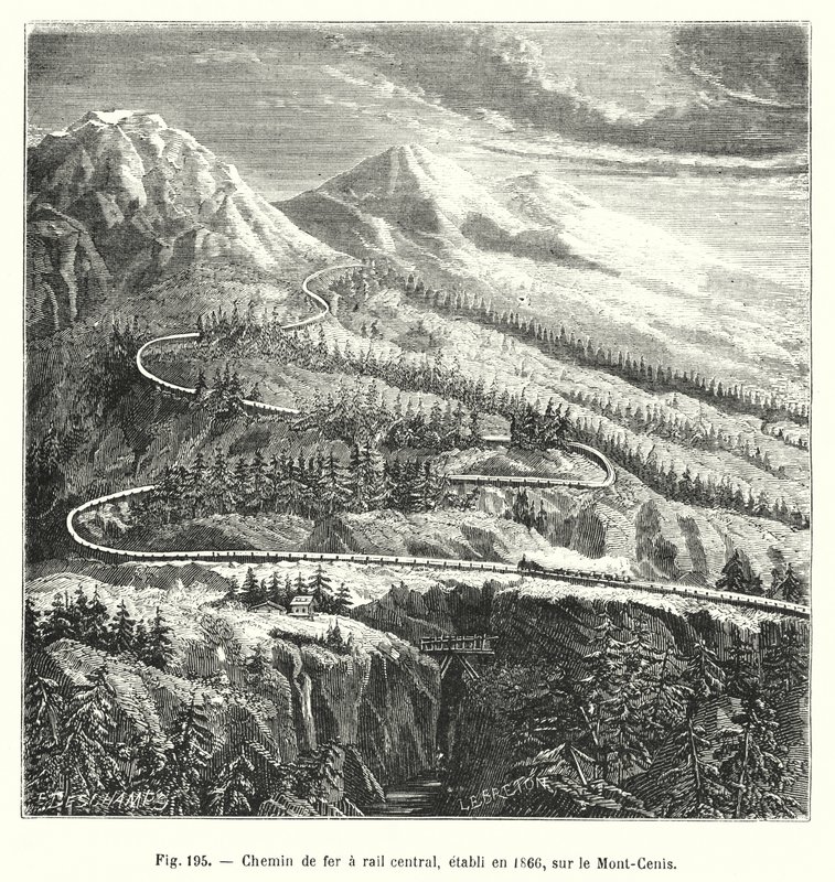 Ferrocarril de riel central, establecido en 1866, en el Mont-Cenis (grabado) de European School