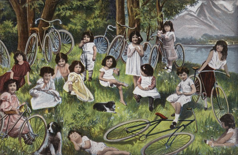 Niños y bicicletas junto a un lago en Europa (litografía en color) de European School