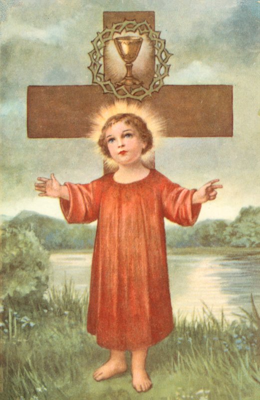 Niño Jesús, Cruz, Corona de Espinas y Cáliz de Comunión (litografía en color) de European School