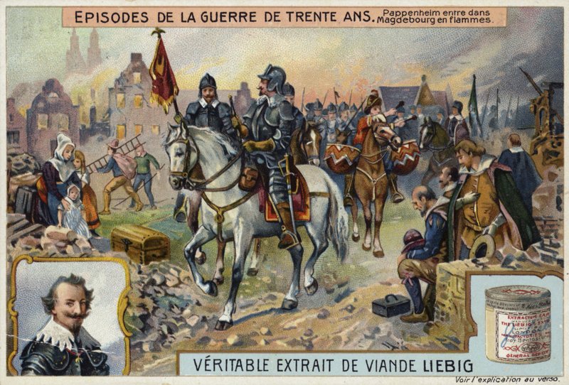El Conde Gottfried de Pappenheim entrando en la ciudad en llamas de Magdeburgo, Alemania, 1631 de European School