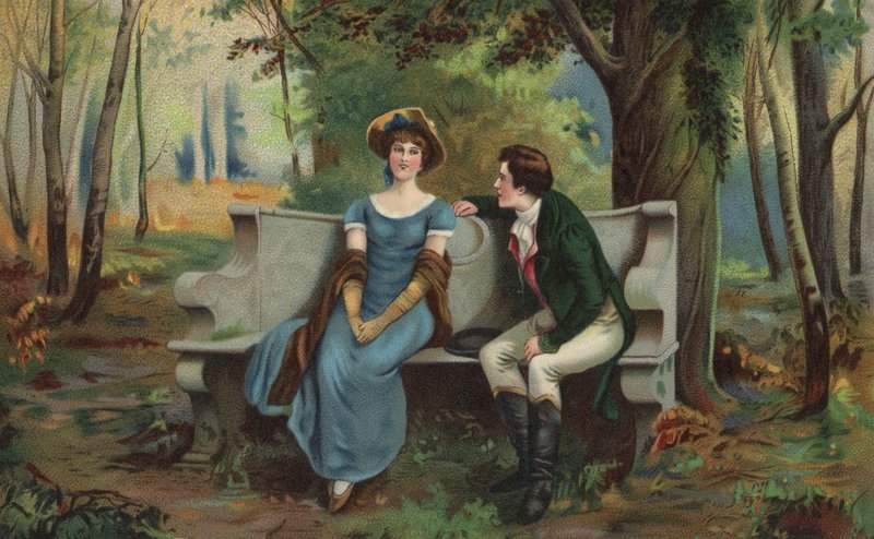 Pareja en un banco (litografía en color) de European School