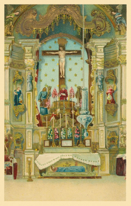 Crucificado sobre el altar de una iglesia (cromolito) de European School