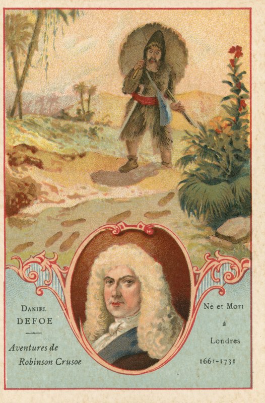 Daniel Defoe, novelista inglés, y una escena de Robinson Crusoe de European School