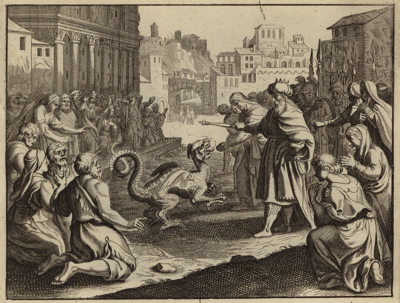 Daniel destruyendo el ídolo de Bel y el dragón (grabado) de European School