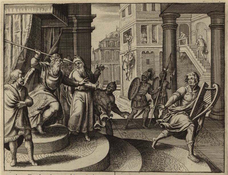 David escapando del intento de Saúl de matarlo (grabado) de European School