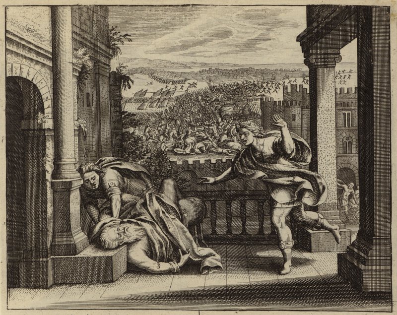Muerte de Elí después de que los filisteos capturaran el Arca de la Alianza de manos de los israelitas (grabado) de European School