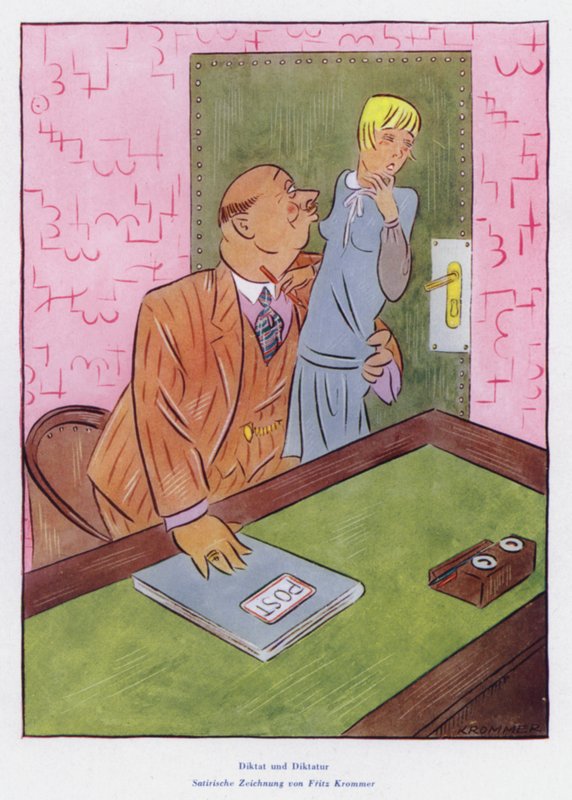 Dictado, dibujo satírico sobre el abuso sexual de las mujeres en el lugar de trabajo (litografía en color) de European School