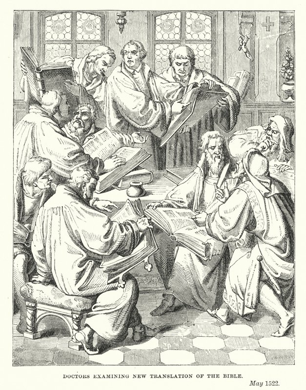 Doctores examinando nueva traducción de la Biblia (grabado) de European School