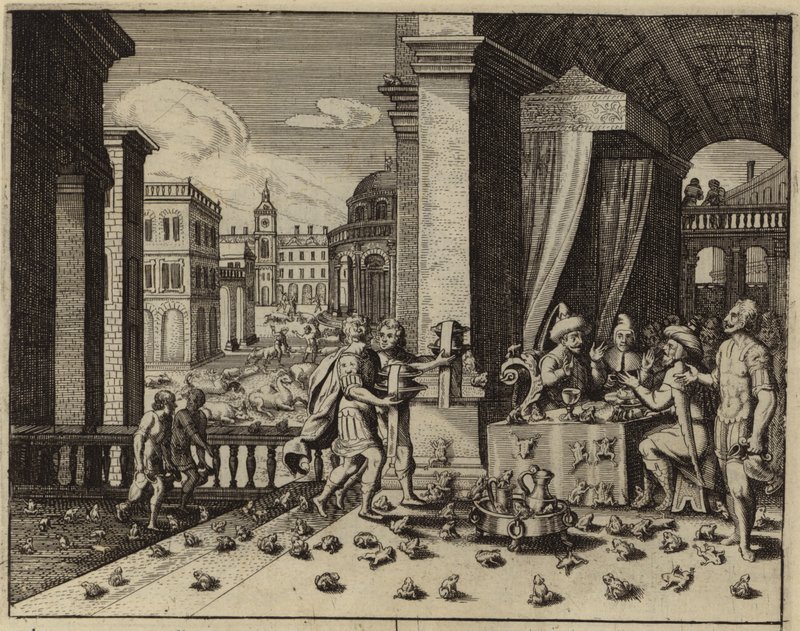 Egipto afligido por la plaga de ranas (grabado) de European School