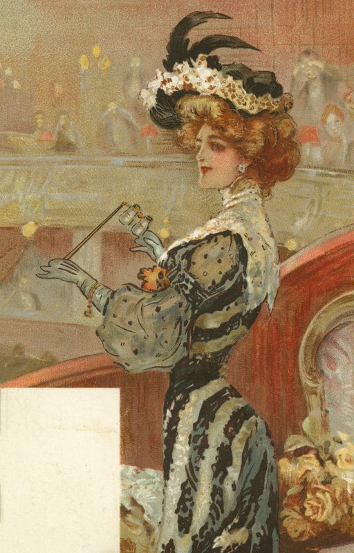 Mujer elegante en el teatro (litografía en color) de European School