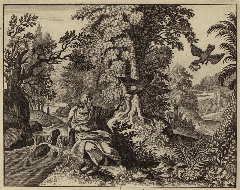 Elijah alimentada por cuervos (grabado) de European School