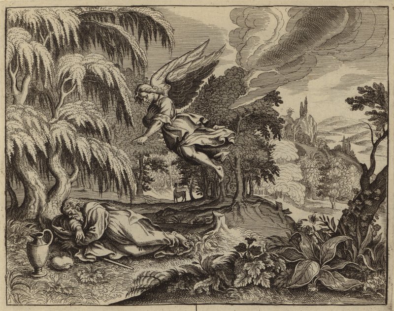 Elijah despertada por un ángel en el desierto (grabado) de European School