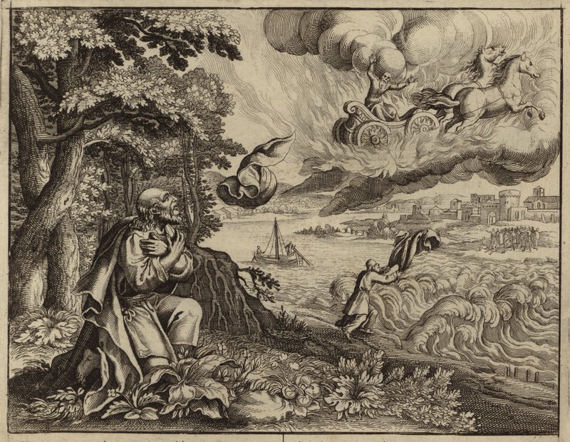 Eliseo viendo a su padre Elías siendo llevado al cielo por un torbellino (grabado) de European School