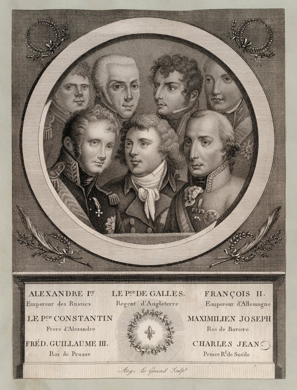Realeza europea de principios del siglo XIX: El Zar Alejandro I de Rusia; Jorge, Príncipe de Gales, Regente del Rey Jorge III; Francisco II, Emperador del Sacro Imperio Romano Germánico; el Gran Duque Konstantin Pavlovich de Rusia; Maximiliano José, Rey de de European School