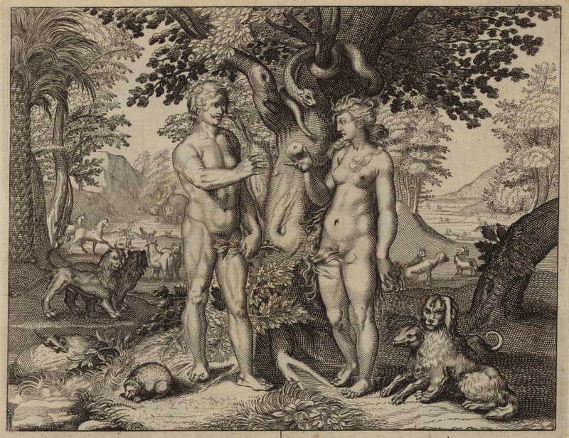 Eva tentada por la serpiente a comer del fruto del Árbol del Conocimiento (grabado) de European School