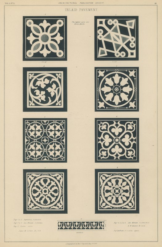 Ejemplos de pavimento incrustado del Baptisterio y la Iglesia de San Miniato al Monte, Florencia, y la Catedral de Lucca, Italia de European School