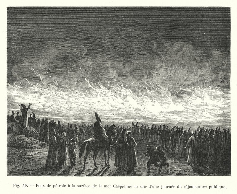 Fuegos de petróleo en la superficie del mar Caspio en la noche de un día de regocijo público (grabado) de European School