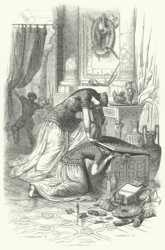 Fredegunda, Reina de Chilperico I, intentando matar a su hija Rigunth, 589 de European School
