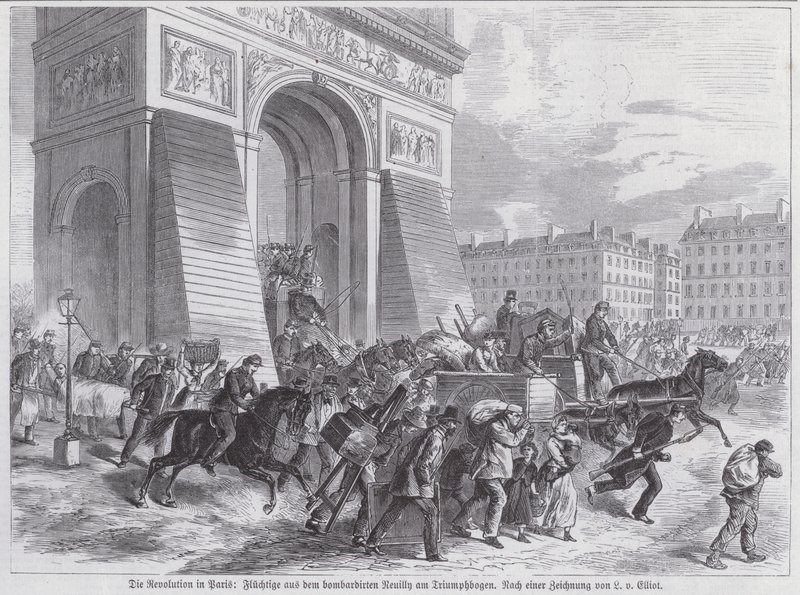 Fugitivos del bombardeo del ejército francés en Neuilly pasando por el Arco de Triunfo, Comuna de París, abril de 1871 de European School