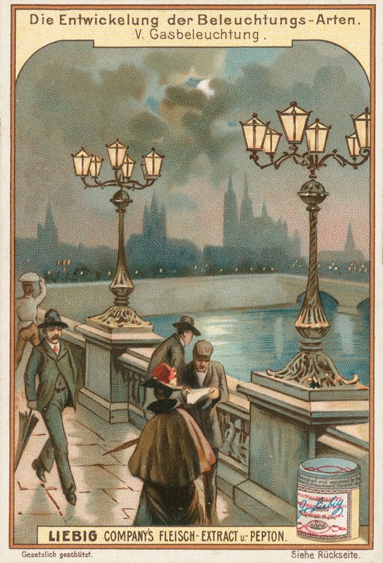 Luces de gas, tarjeta Liebig, principios del siglo XX (cromo) de European School