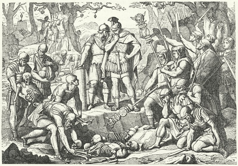 Germanicus enterró los huesos de los soldados de las tres legiones romanas comandadas por Publius Quinctilius Varus destruidas por los alemanes en la batalla del bosque de Teutoburg en el 9 a. C. (grabado) de European School