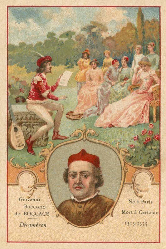 Giovanni Boccaccio, escritor y poeta italiano, y una escena de El Decamerón de European School