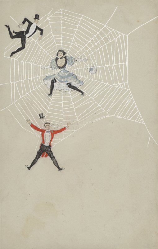 Chica atrapando hombres en una tela de araña (litografía en color) de European School