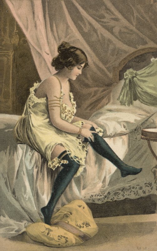 Niña poniéndose medias (litografía en color) de European School