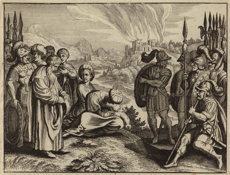 Habacuc cuestionando el castigo planeado por Dios para Judá por medio de los babilonios (grabado) de European School