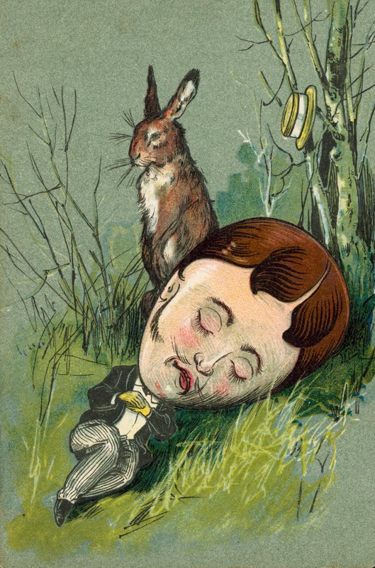 Liebre sentada junto a un hombre dormido en el campo (cromolito) de European School