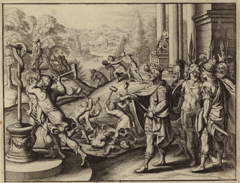 Ezequías, Rey de Judá, restaurando el Templo de Jerusalén y destruyendo los ídolos (grabado) de European School