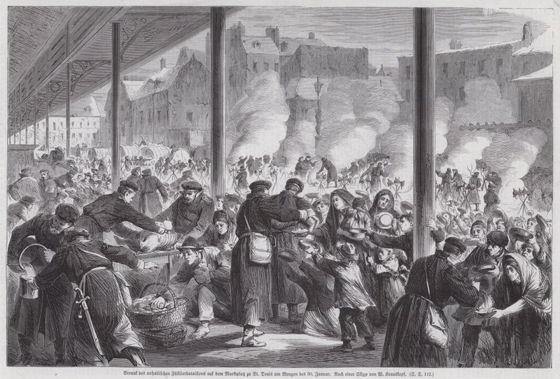 Parisienses hambrientos pidiendo comida a los soldados alemanes acampados en la plaza del mercado de St Denis después del fin del Sitio de París, Guerra Franco-Prusiana de European School