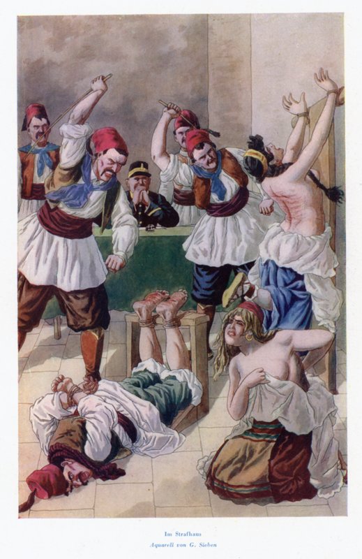 En la casa del castigo: dos mujeres y un hombre golpeados (litografía en color) de European School