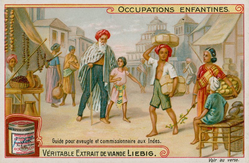Niños indios trabajando como guías para ciegos y haciendo recados de European School